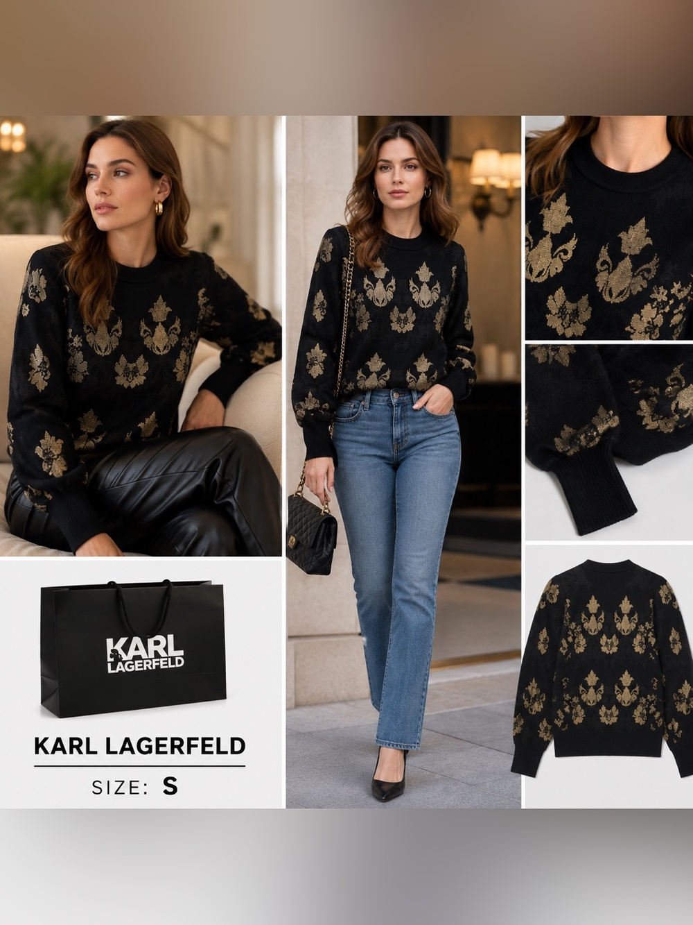 Karl Lagerfeld Black & Gold Jacquard Crewneck Sweater